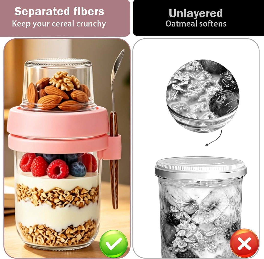 Müslibecher To Go 4er Set, 480ml+120ml Overnight Oats Gläser, Joghurtbecher To Go mit Löffel, Meal P