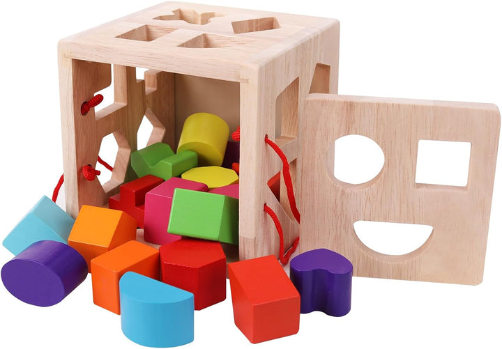 Shape Sorter Spielzeug mit 19 Shape Blocks, Shape Sorting Cube Toy Box klassisches Holzspielzeug für