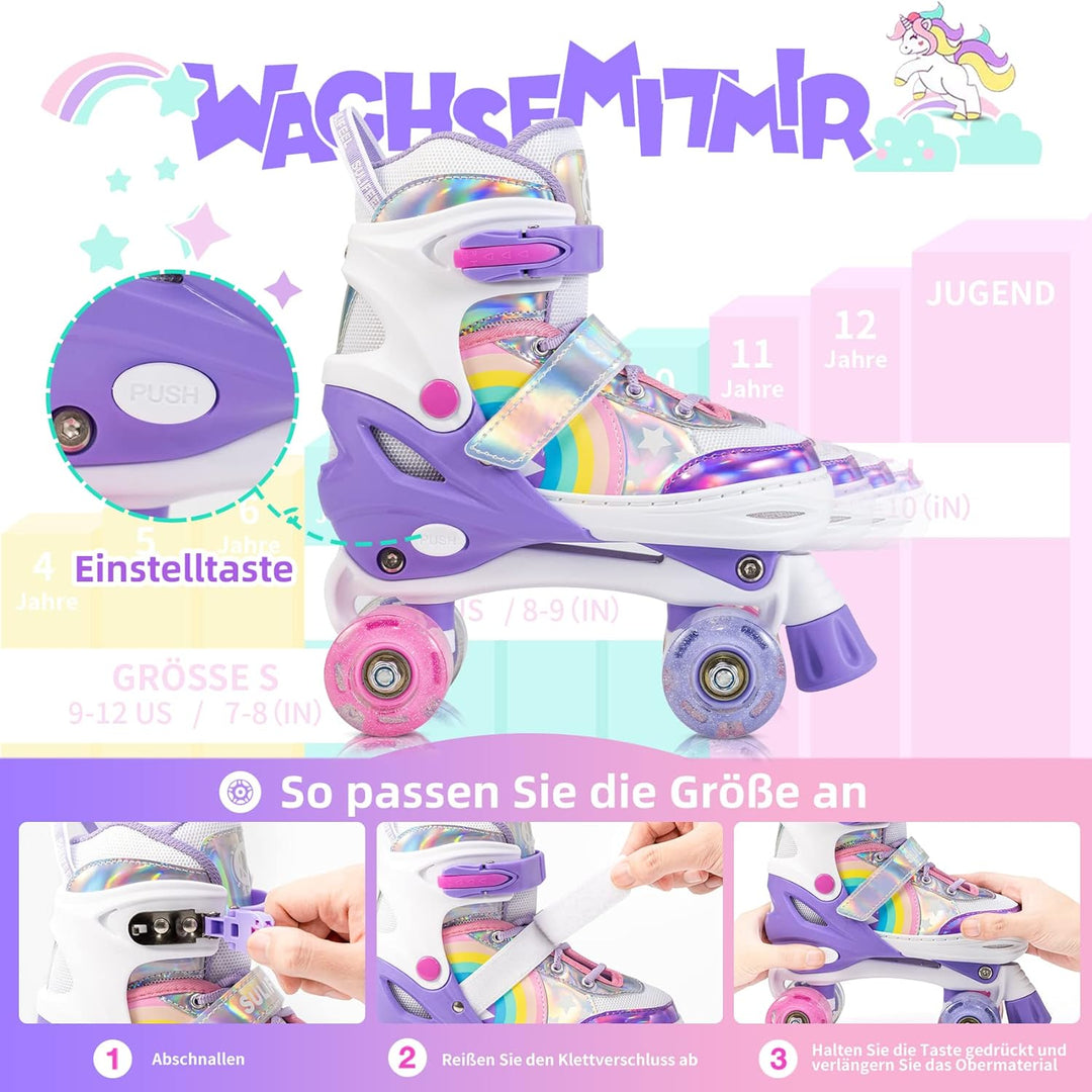 SULIFEEL Rainbow Unicorn Verstellbare Rollschuhe für Kinder mit Leuchtenden Rädern für Mädchen und J