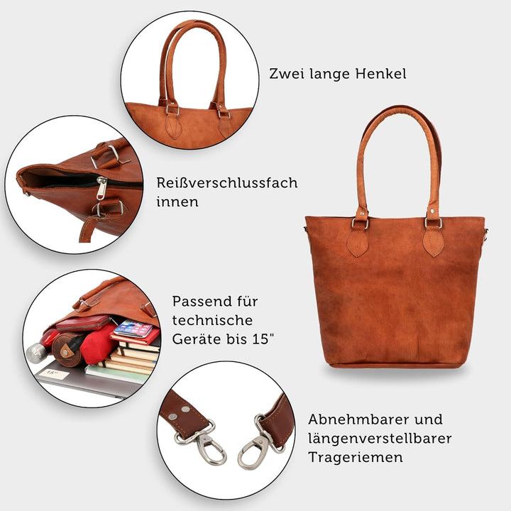Gusti Handtasche Leder- Therese Damen Handtasche Umhängetasche Shopper Ledertasche Braun Leder
