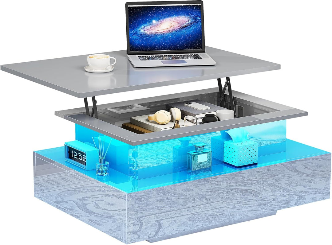 YITAHOME Couchtisch Hochglanz mit LED-Streifen, Couchtisch mit Ablagefläche für Wohnzimmer, moderner
