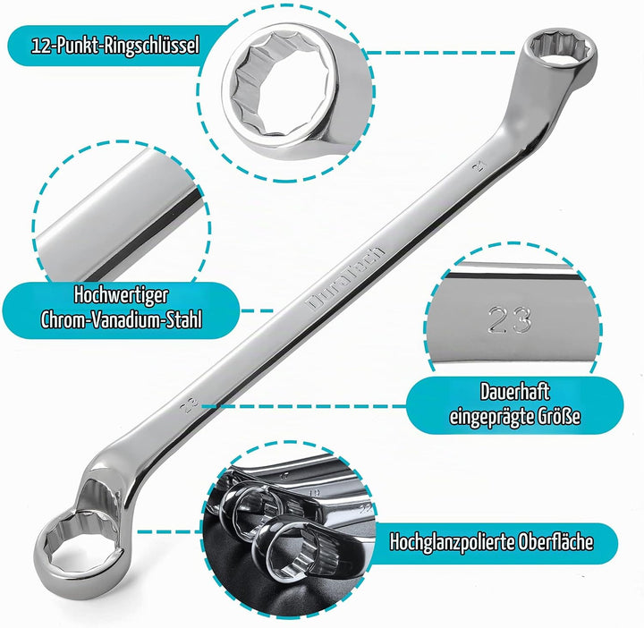 DURATECH Doppel-Ringschlüssel-Satz, 9-teilig, 6-23 mm, Gekröpfter Schraubenschlüssel Set, um 75 Grad