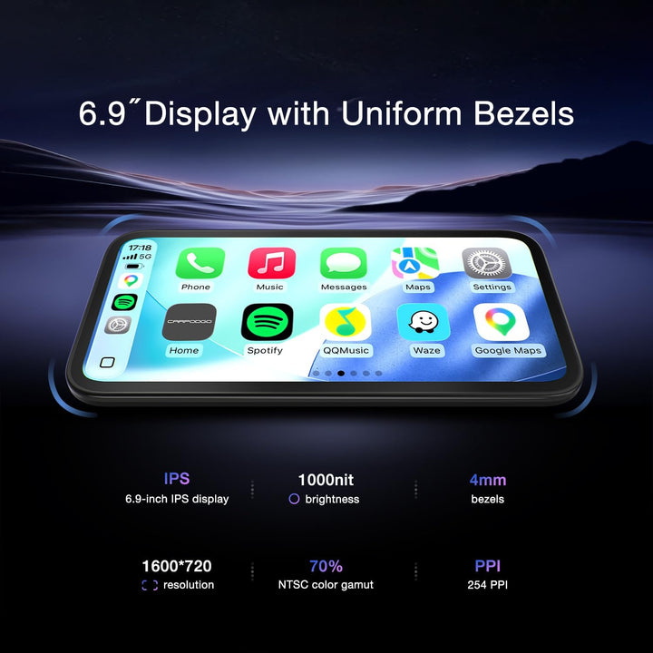 CarpodGo Mini 6,9'' 60 fps CarPlay-Bildschirm für,Display mit gleichmässigem Rahmen und abgerundeten