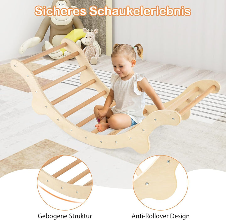 COSTWAY Kletterbogen mit Kissen, Kletterdreieck mit Rutsche Holz, 3 in 1 Klettergerüst Indoor zum Ru