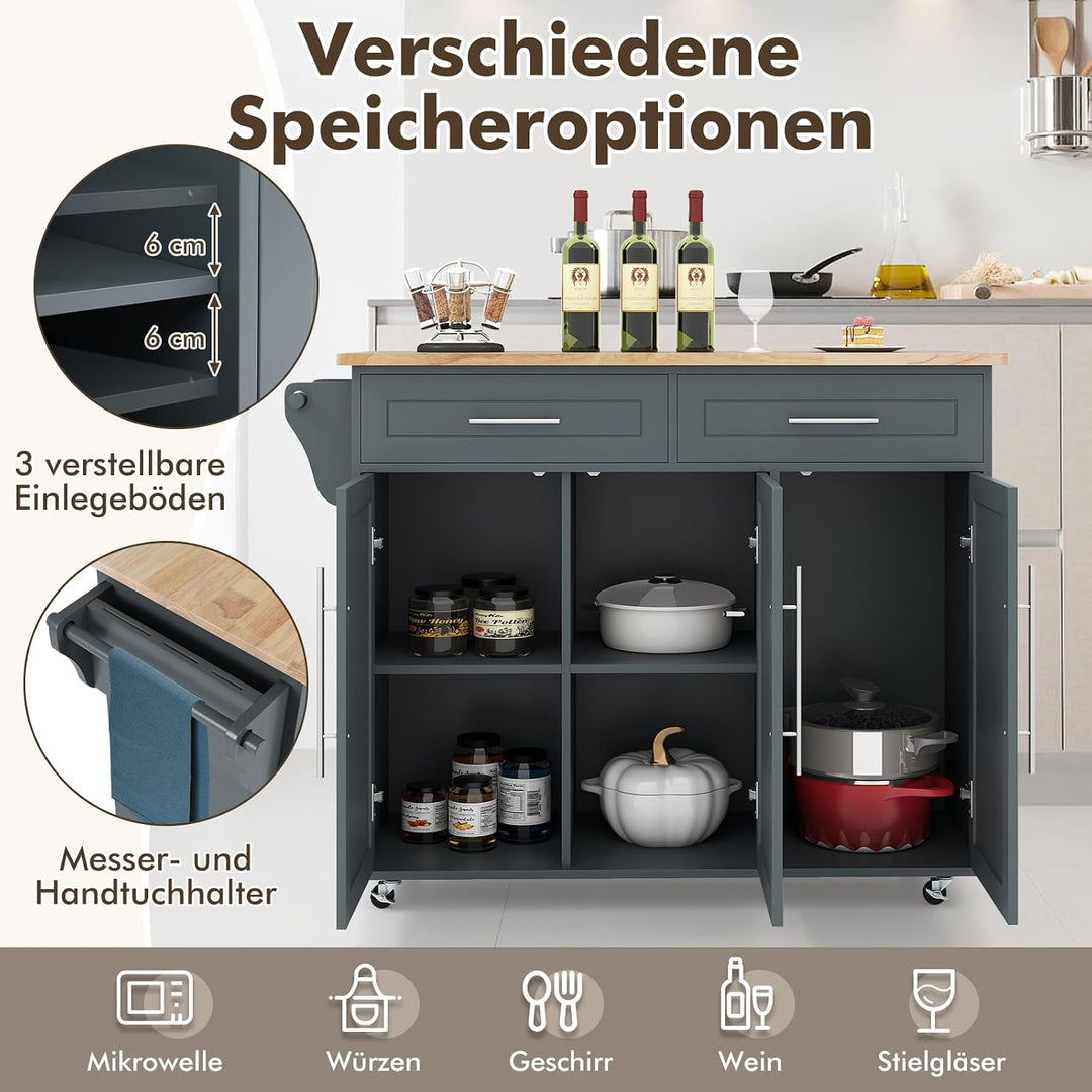 COSTWAY Küchenwagen auf Rollen, Servierwagen mit Arbeitsplatte, 2 Schubladen, Messer- &amp; Handtuchhalt