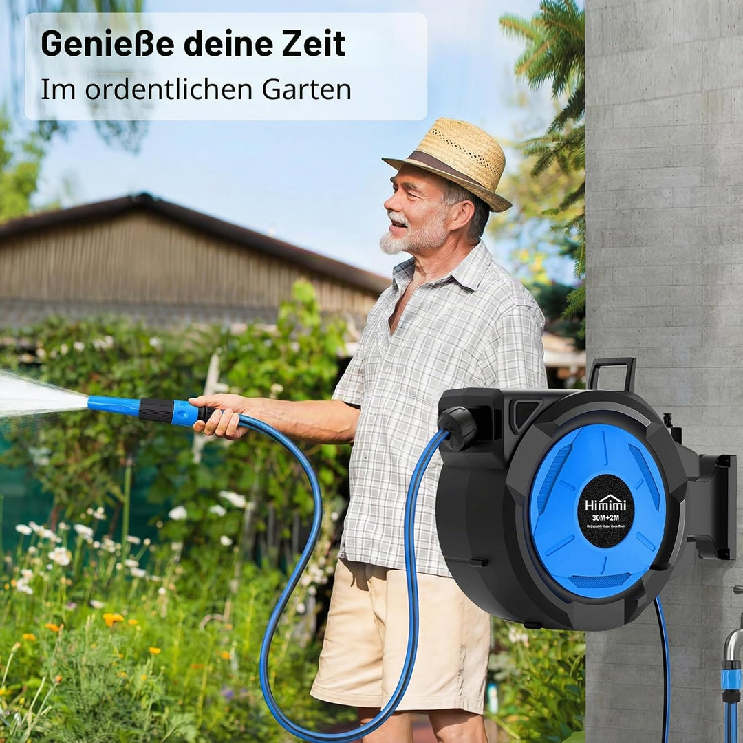Himimi Ausziehbare Wand-Schlauchtrommel, 30 m + 2 m 1/2-Zoll-Schlauch, automatische Schlauchaufrolle
