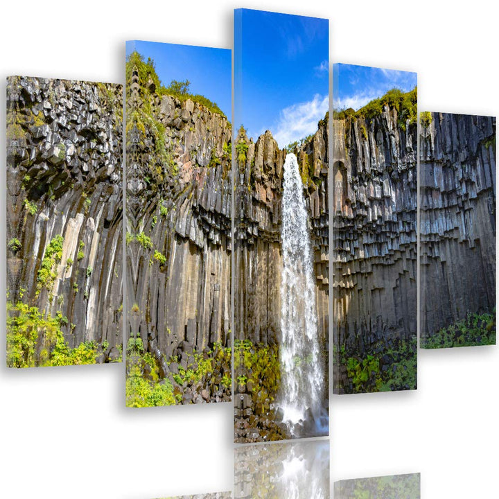 Feeby Leinwandbild 5 Teilig Landschaft Bild Wanddeko Wasserfall Himmel Berge grün 150x100 cm Leinwan