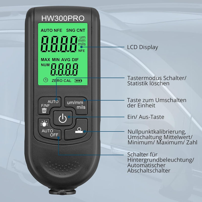 ALLmeter Schichtdickenmessgerät lackschichtdickenmessgerät Lackmessgerät Auto Messbereich 0 bis 2000