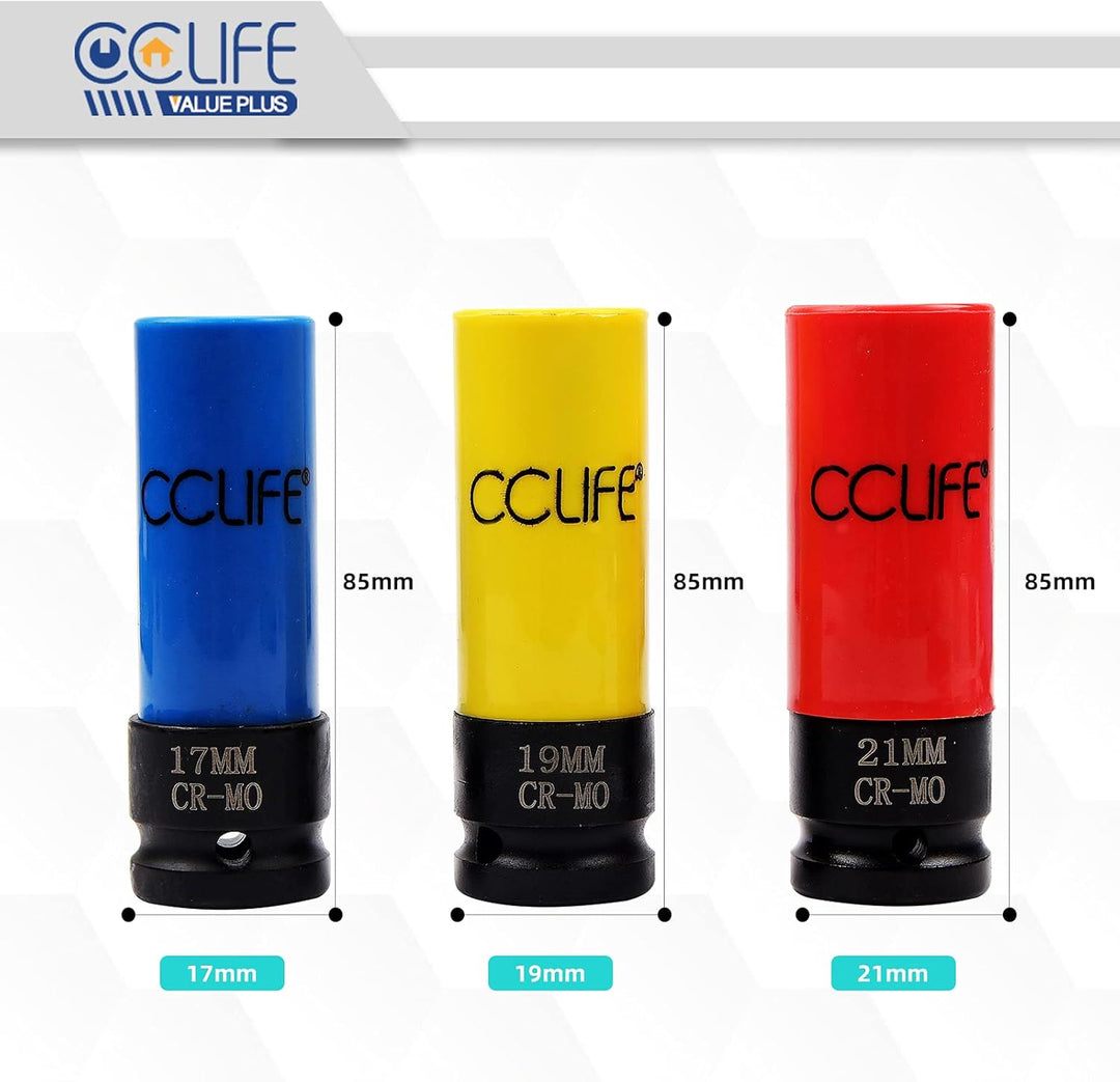 CCLIFE 3tlg 1/2" Schlagschrauber Nüsse 85mm Schoneinsätze 17 19 21mm Cr-Mo Schonnüsse für Alufelgen