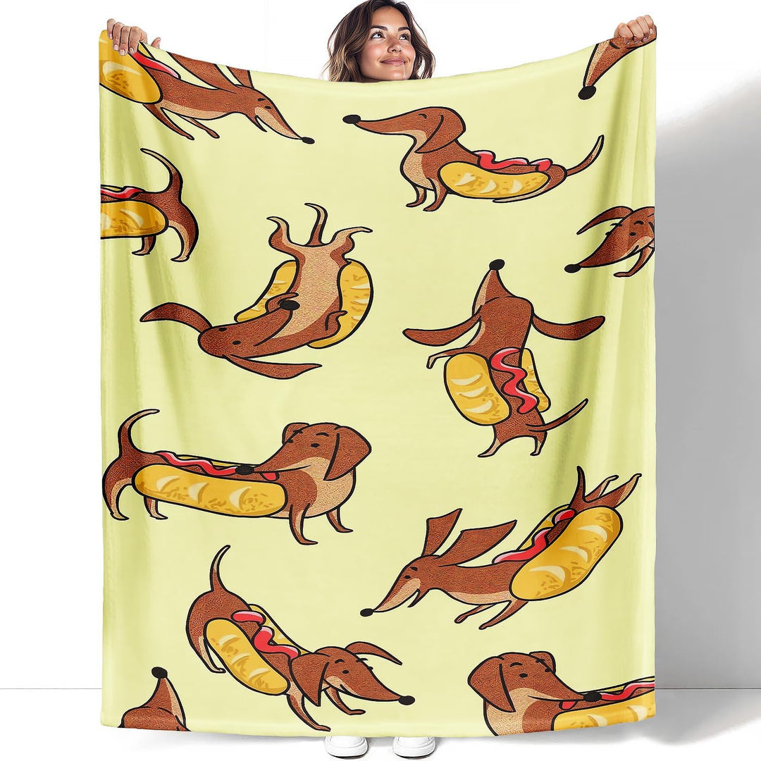 YISUMEI Kuscheldecke mit Dackel Hotdog Spass, Super weiches Fleece, Überwurfdecke für Bettwäsche Cou