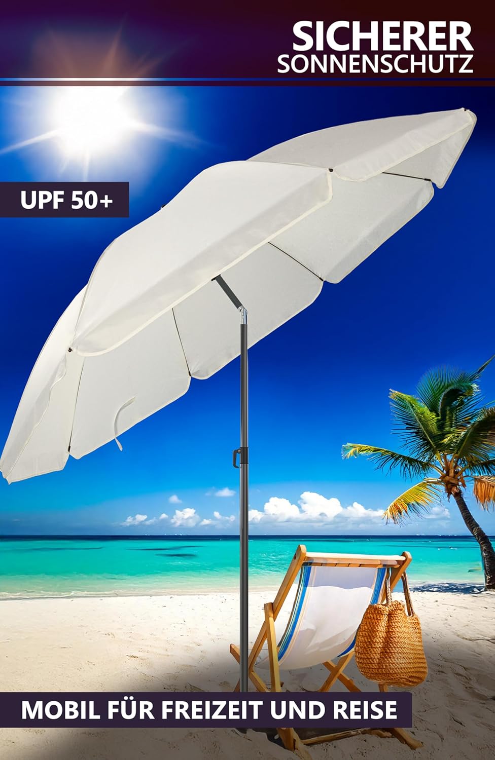 4smile Sunnyjoy Sonnenschirm Strand 3-IN-1 Set - Strandschirm windfest stabil, UPF 50+ Sonnenschirm