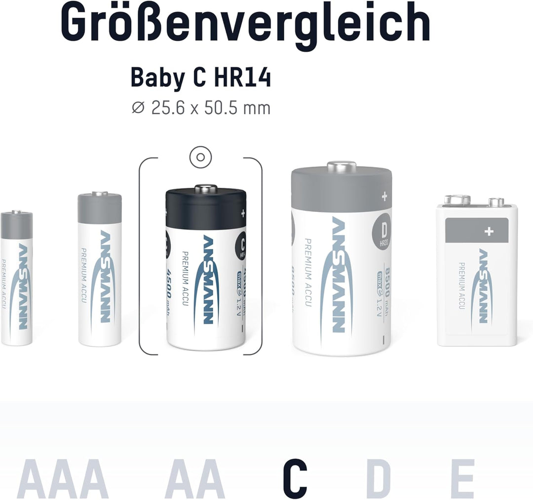 ANSMANN Akku C 4500 mAh NiMH 1,2 V (6 Stück) - Baby C Batterien wiederaufladbar, hohe Kapazität & ma