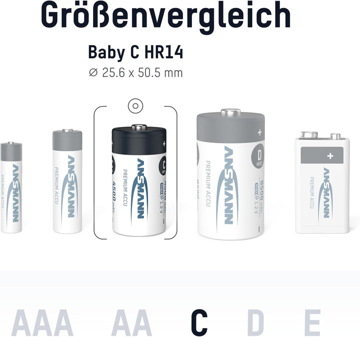 ANSMANN Akku C 4500 mAh NiMH 1,2 V (6 Stück) - Baby C Batterien wiederaufladbar, hohe Kapazität & ma