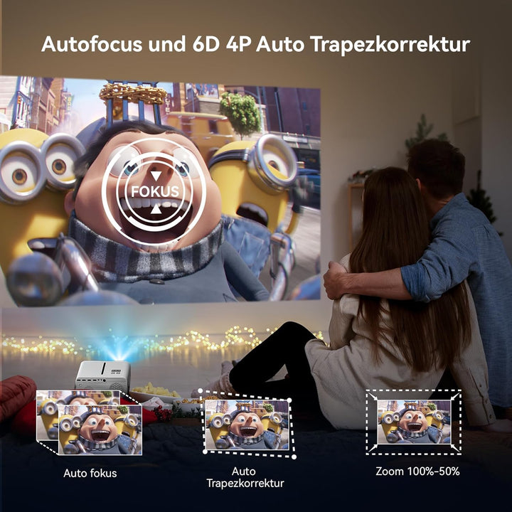 Beamer, Autofokus Beamer 6D 4P Trapezkorrektur Beamer 4K Heimkino Unterstützt, 20000 Lumen WiFi6 Vid