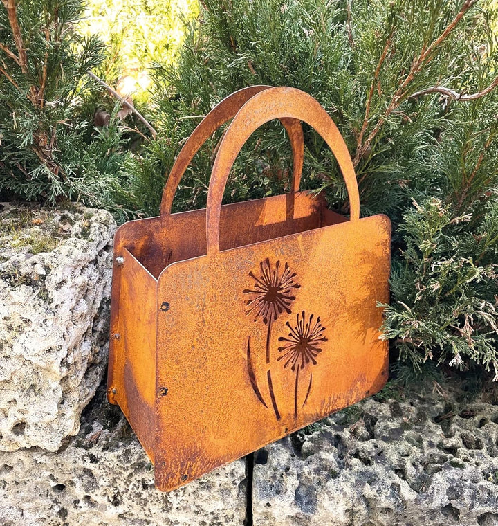 STEINFIGURENWELT GIEBEN Edelrost Handtasche mit 2 Blumen 27x32cm Tasche zum Bepflanzen Rost Pflanzta