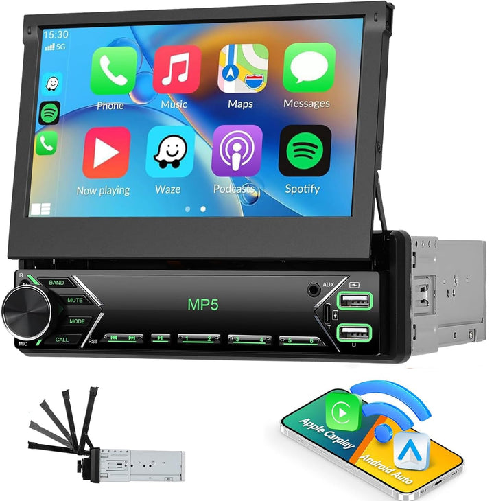CAMECHO Upgrade Wireless 1 DIN Carplay Android Auto,7 Zoll Motorisiertem Bildschirm Autoradio mit Bl