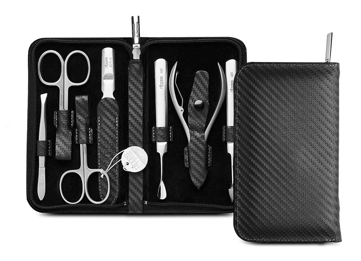 nippes Solingen Premium Line Maniküre Set Karbon, 7-teilig, Edelstahl rost- und nickelfrei, Rindsled