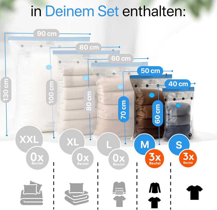 Vakuumbeutel für Kleidung [6 Stück] in (3x 40x60 cm / 3x 50x70 cm) - BPA Frei INKL. ETIKETTEN - Vaku