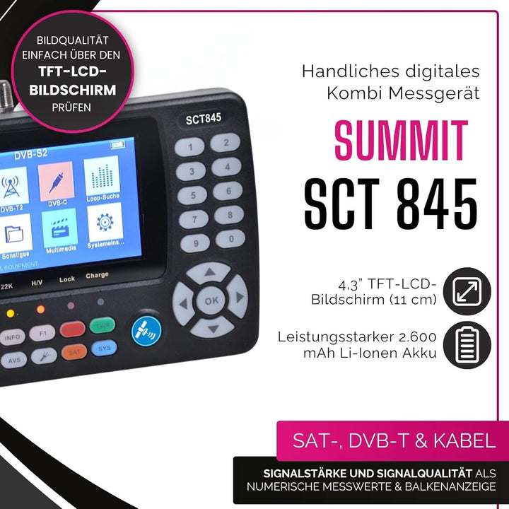 Summit SCT 845 Satelliten Messgerät I Sat Finder für DVB-S/S2, DVB-T/T2 & DVB-C I Digitales Messgerä