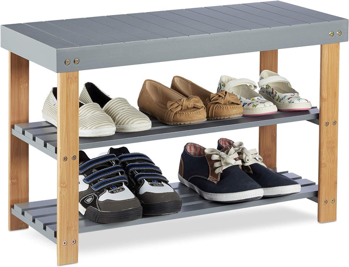 Relaxdays, grau Bambus Schuhbank, 2 Ebenen, offen, Schuhaufbewahrung, zum Sitzen, natürliche Maserun