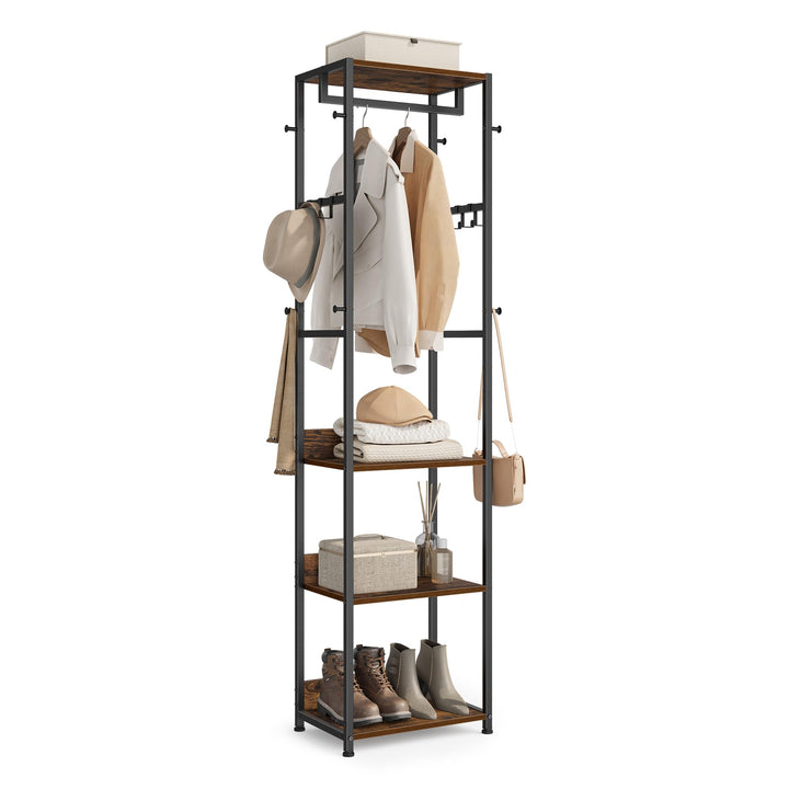 VASAGLE Kleiderständer, Garderobenständer mit Kleiderstange und Haken, Garderobe mit Ablagen, Stahlr
