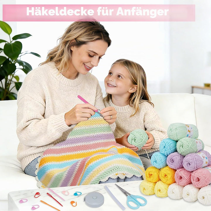 Alvian Häkelset für Anfänger, Regenbogen-Decke, Häkeln, DIY-Strick-Starter-Set, enthält Garn, Metall