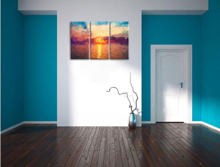 Pixxprint Sonnenaufgang am Meer Pinsel Effekt 3-Teiler Leinwandbild 120x80 Bild auf Leinwand