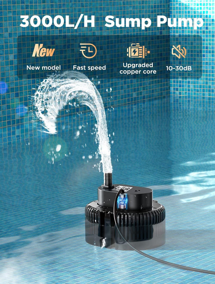 Lnicez Schmutzwasser-Tauchpumpe(75 W, Ø19 mm,3.000L/H,5M mit Ablaufschlauch und 7.5M extra langem Ne