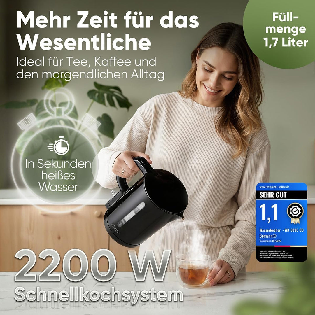 Bomann Wasserkocher 1,7L | 2200W für schnelles Erhitzen | BPA frei | Einhandbedienung | Wasserstands