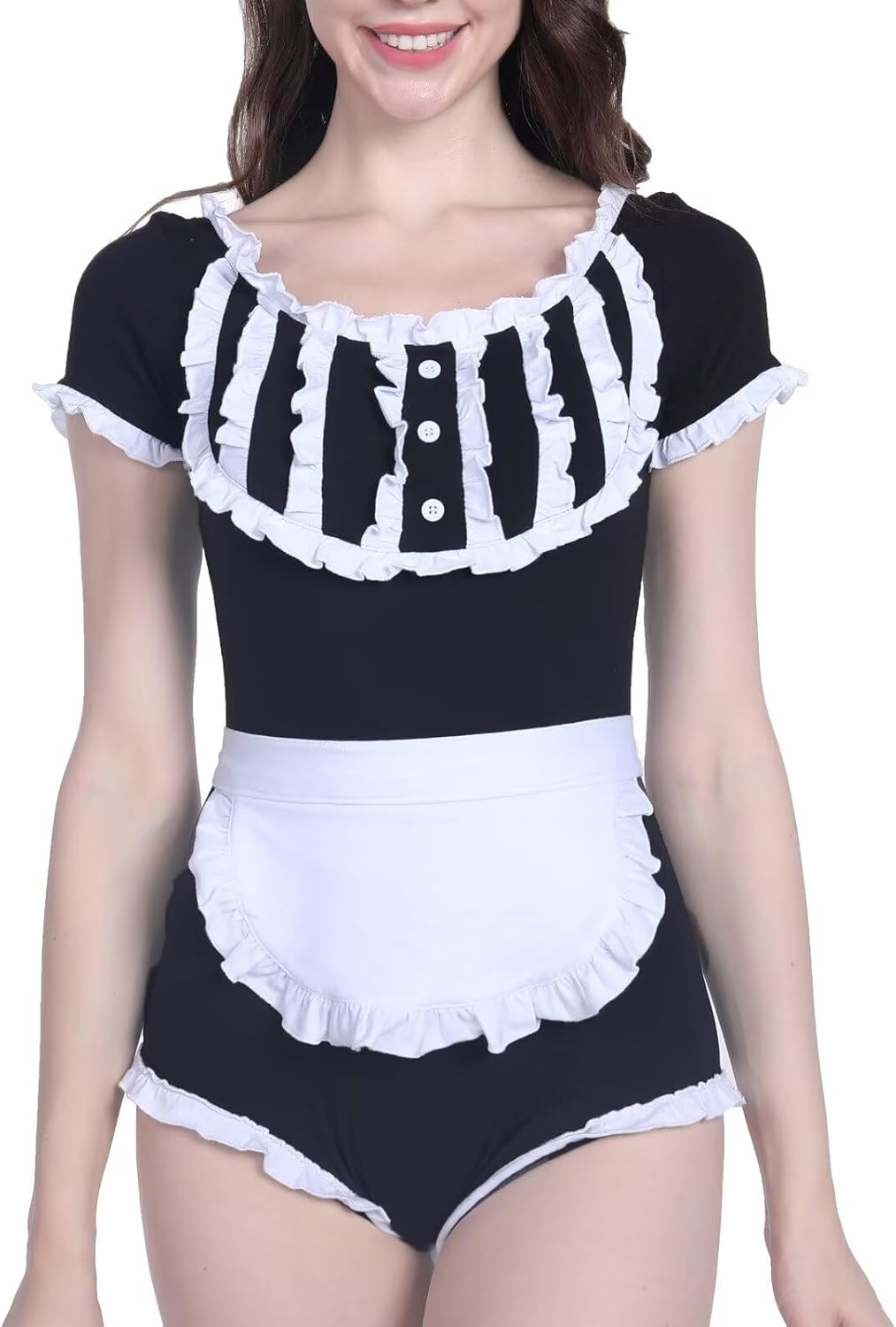 Landofgenie Damen Schwarz Langarm Baumwolle Bodysuit Onesie Pyjamas Maid Outfit Schwarz S, Schwarz S