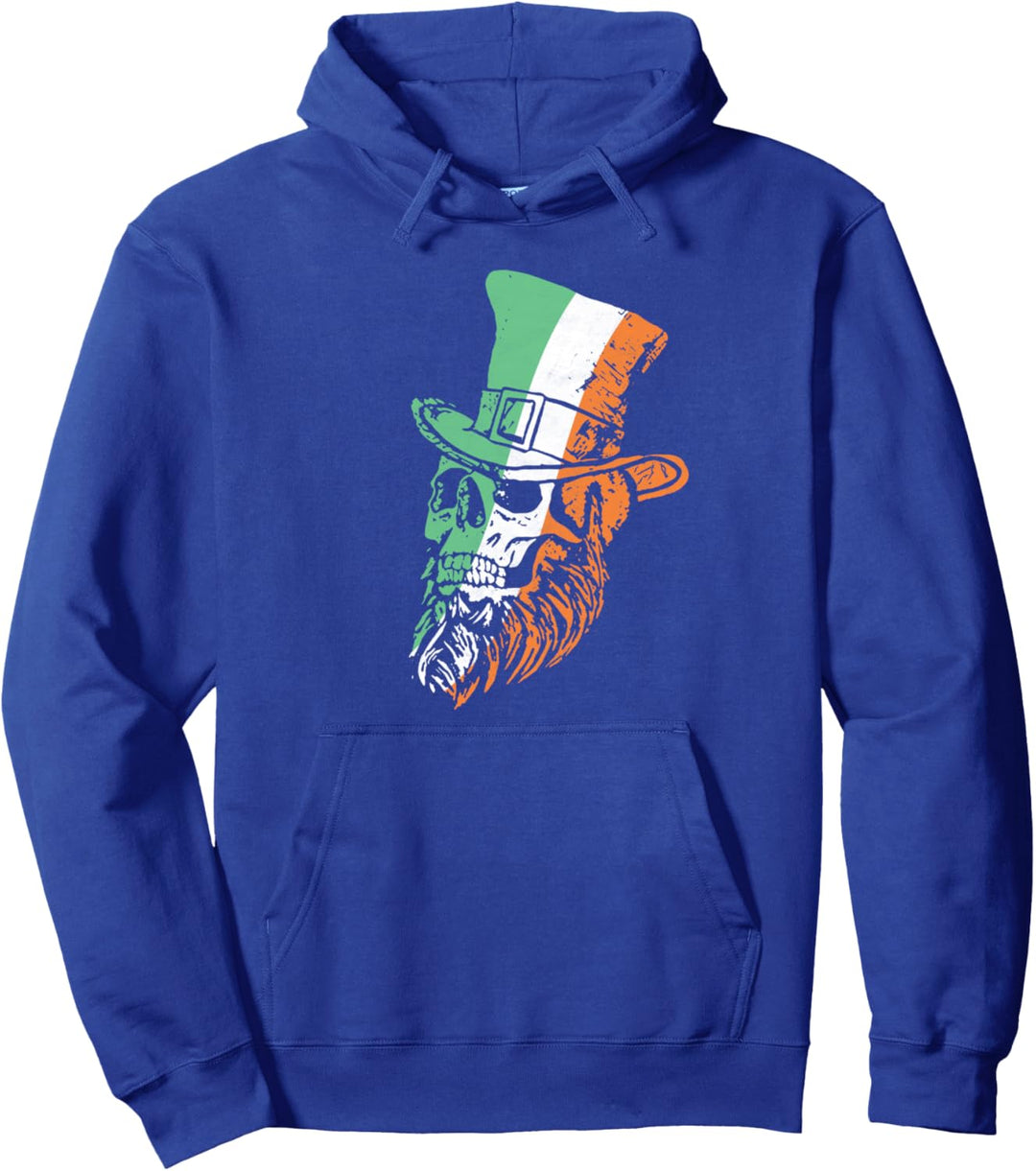 St Patricks Day Leprechaun Skull and Beard & Irish Flag Pullover Hoodie