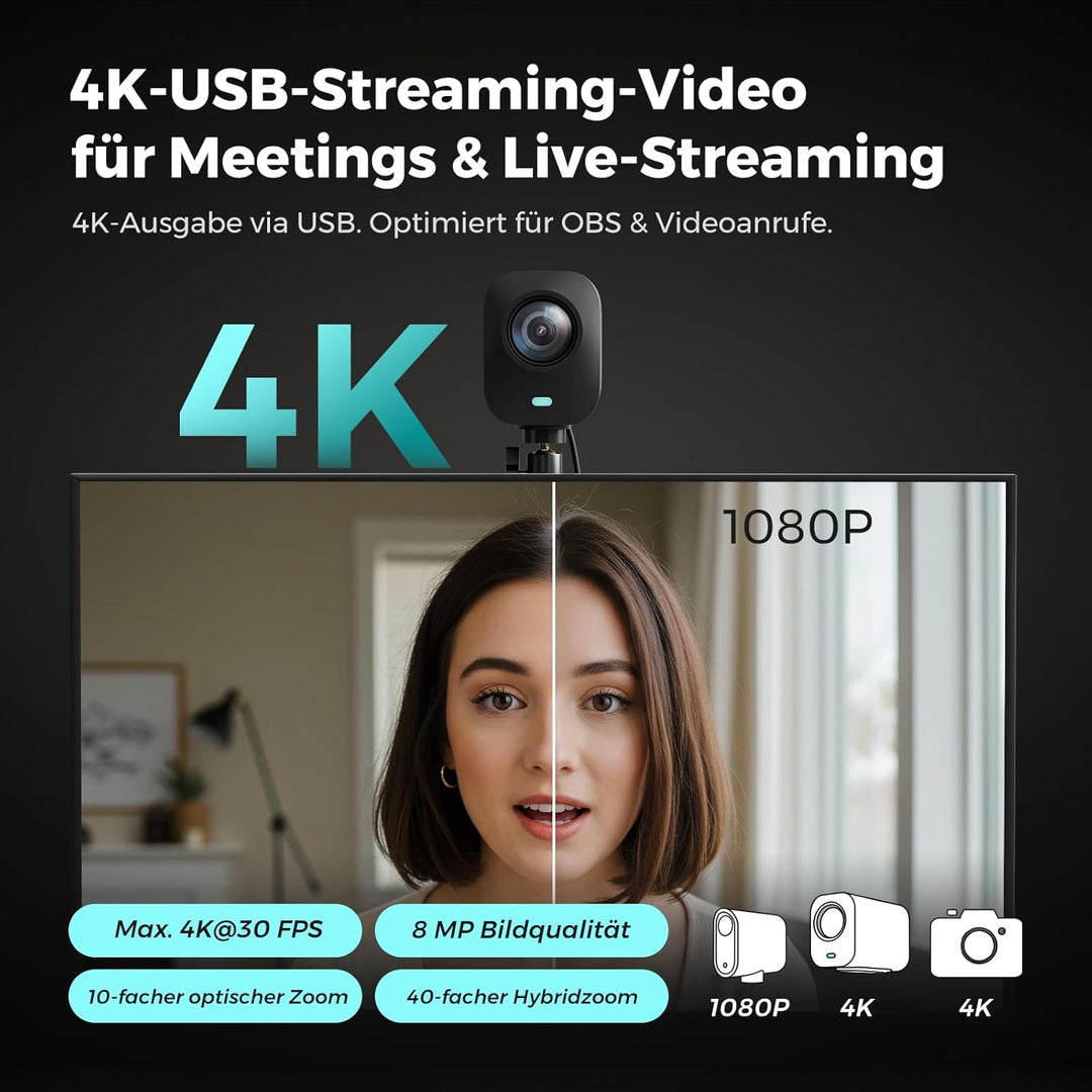 NearStream 4K-Webcam für Streaming, 1/2,8 Zoll CMOS-Sensor mit 8 Megapixeln, 40-facher Hybrid-Zoom,