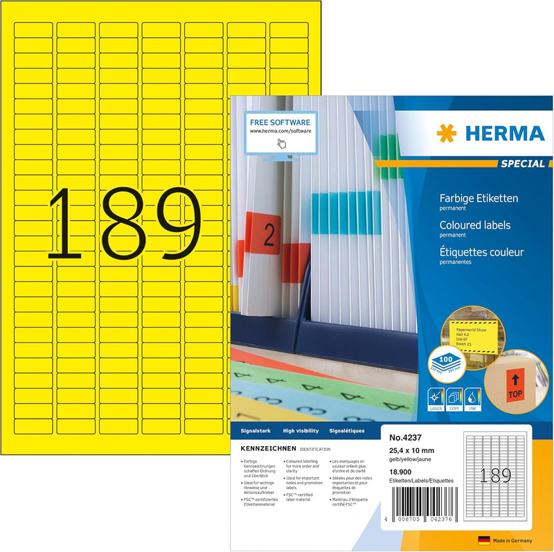 HERMA 4237 Farbige Etiketten gelb, 100 Blatt, 25,4 x 10 mm, 189 Stück pro A4 Bogen, 18900 Aufkleber,