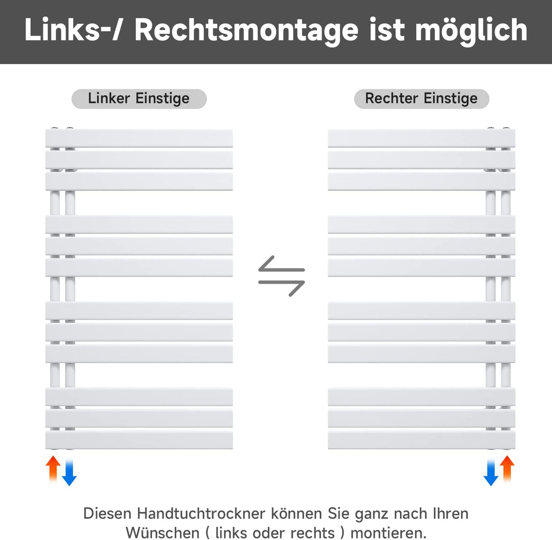 SONNI Badheizkörper Flach Handtuchtrockner 1038 x 400 mm Weiss Handtuchwärmer Seitenanschluss Panel