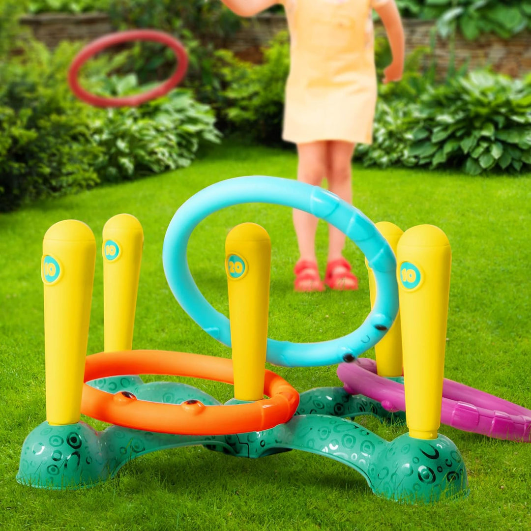 B. toys - Sling-A-Ring-Wurf - Ringwurfspiel - Drinnen und Aussen - Spiele für Kinder - 5 Stifte & 5