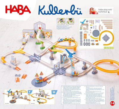 HABA Kullerbü Spielbahn Grosse Baustelle - Bunte Holz-Kugelbahn mit Fahrzeugen - Erweiterbares Klick