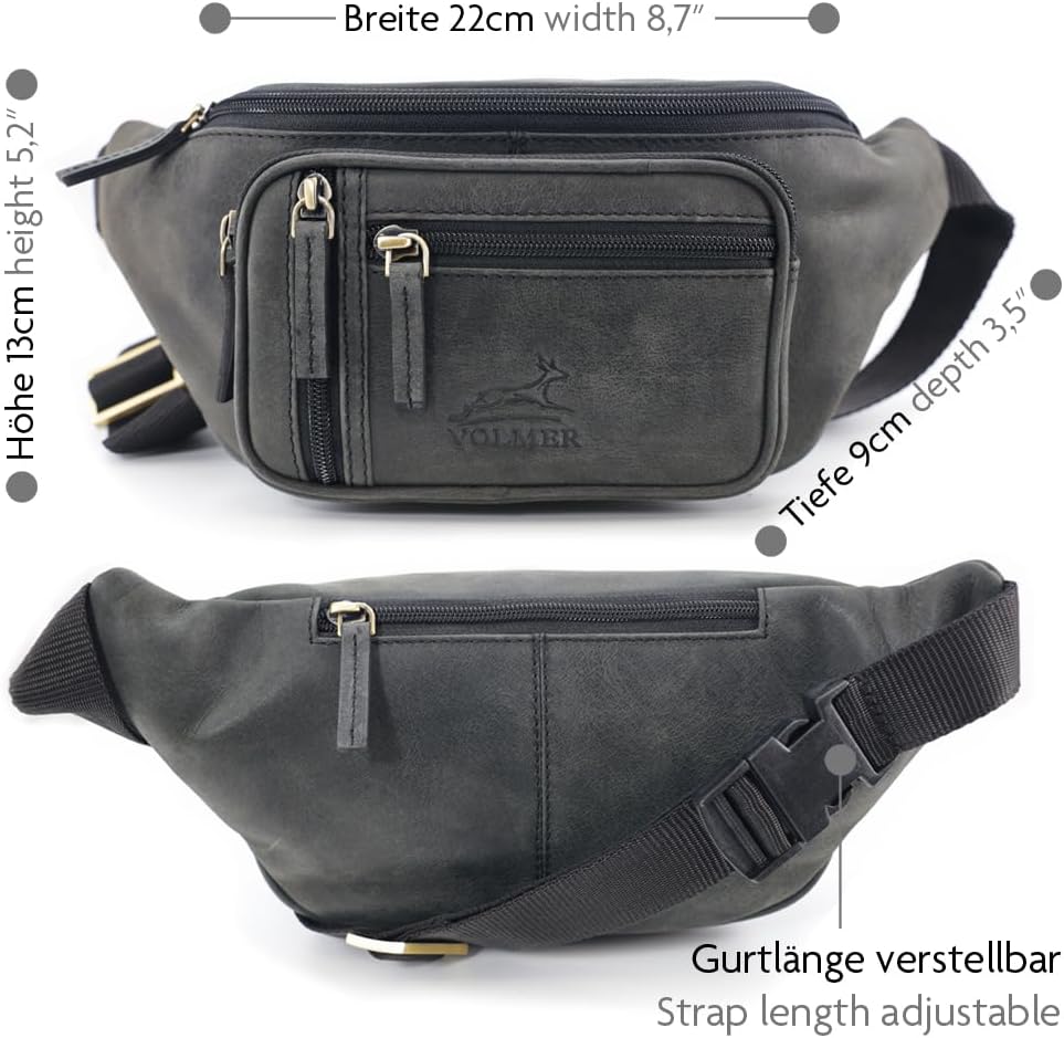 Fa.Volmer ® Bauchtasche | Gürteltasche | Hüfttasche in Echt-Leder für Damen und Herren | Anthrazit-g