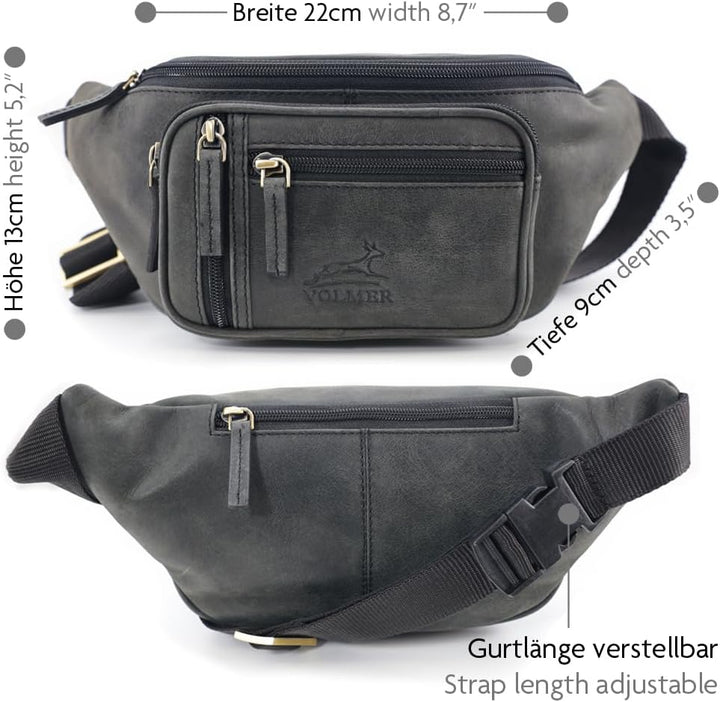 Fa.Volmer ® Bauchtasche | Gürteltasche | Hüfttasche in Echt-Leder für Damen und Herren | Anthrazit-g