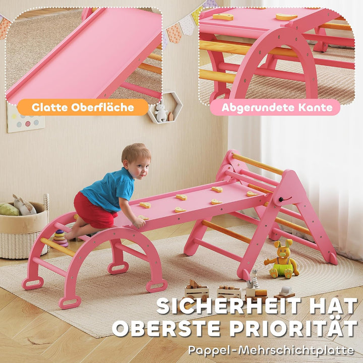 AIYAPLAY 7-in-1 Montessori Klettergerüst Indoor, faltbar Holz Kletterdreieck mit Rutsche, Bogen, Ind