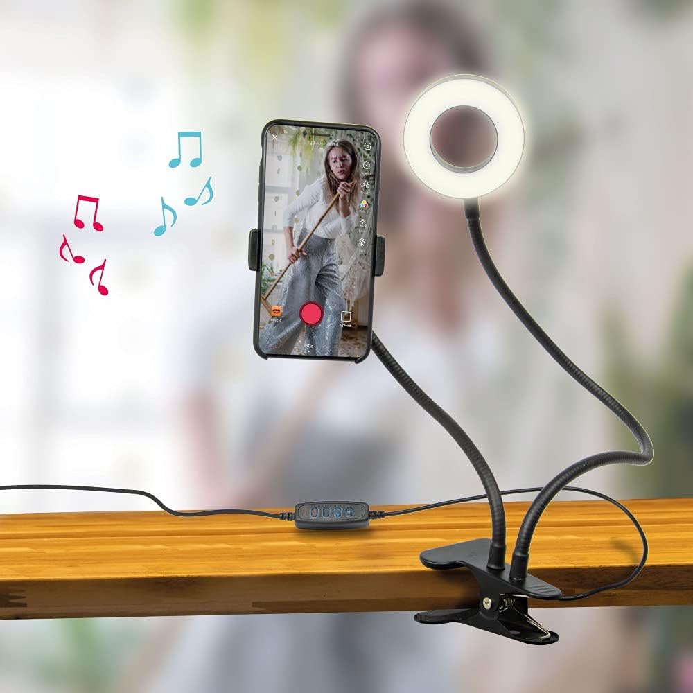 Silvergear Selfie Ringlicht mit Handyhalterung und Befestigungsklammer, LED, Dimmbar, 3 Farben, 10 H