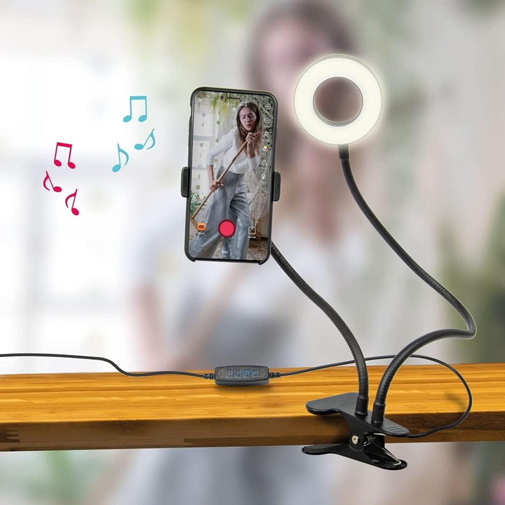 Silvergear Selfie Ringlicht mit Handyhalterung und Befestigungsklammer, LED, Dimmbar, 3 Farben, 10 H