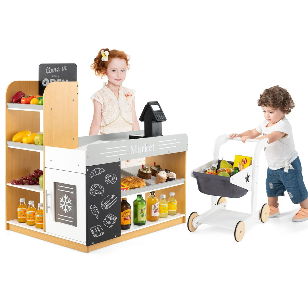COSTWAY Kaufmannsladen, Kaufladen Kinder mit Einkaufswagen, Supermarkt Holz mit Kasse & 2 Tafeln, Ei