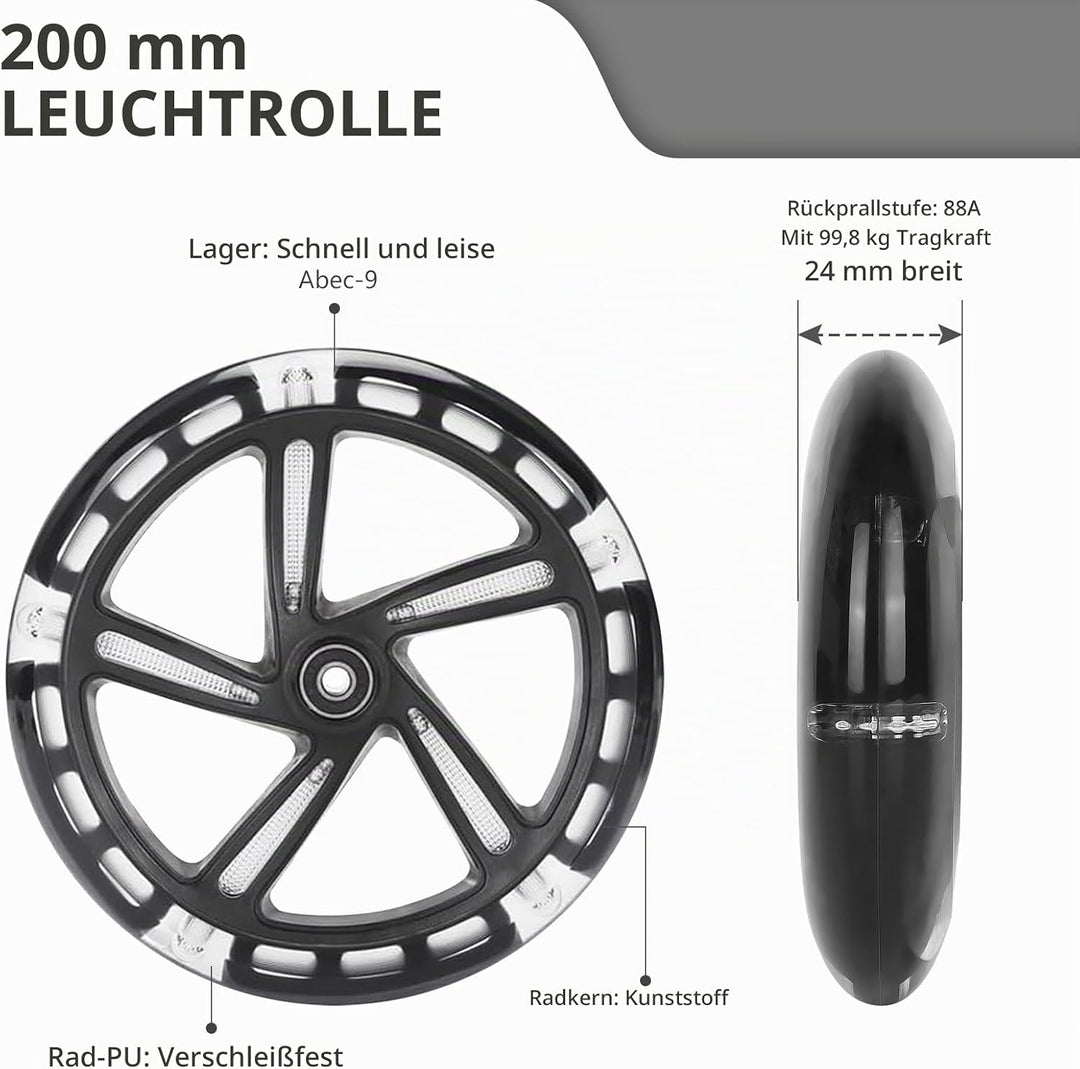 Leuchtende Stunt Scooter Rollen 2 Stück, LED Scooter Ersatzräder Räder 200mm, LED-Lichtrollen Mit AB