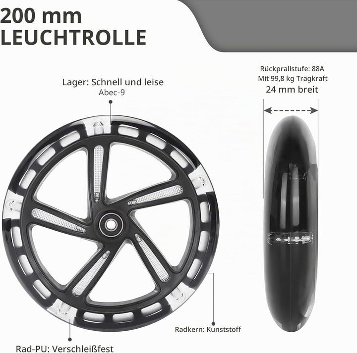 Leuchtende Stunt Scooter Rollen 2 Stück, LED Scooter Ersatzräder Räder 200mm, LED-Lichtrollen Mit AB