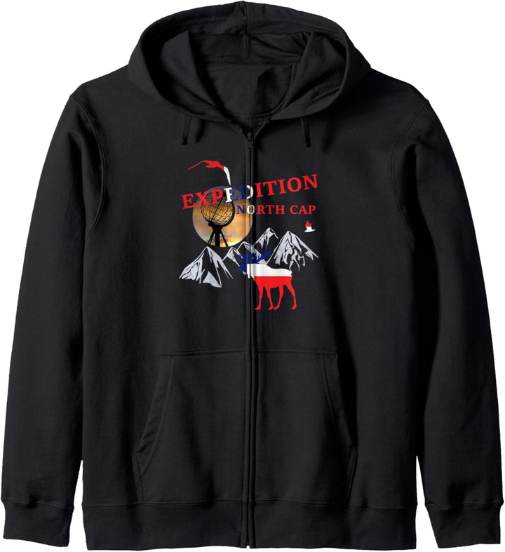 Norwegen Expedition Nordkap Berge Elch Flagge Skandinavien Kapuzenjacke