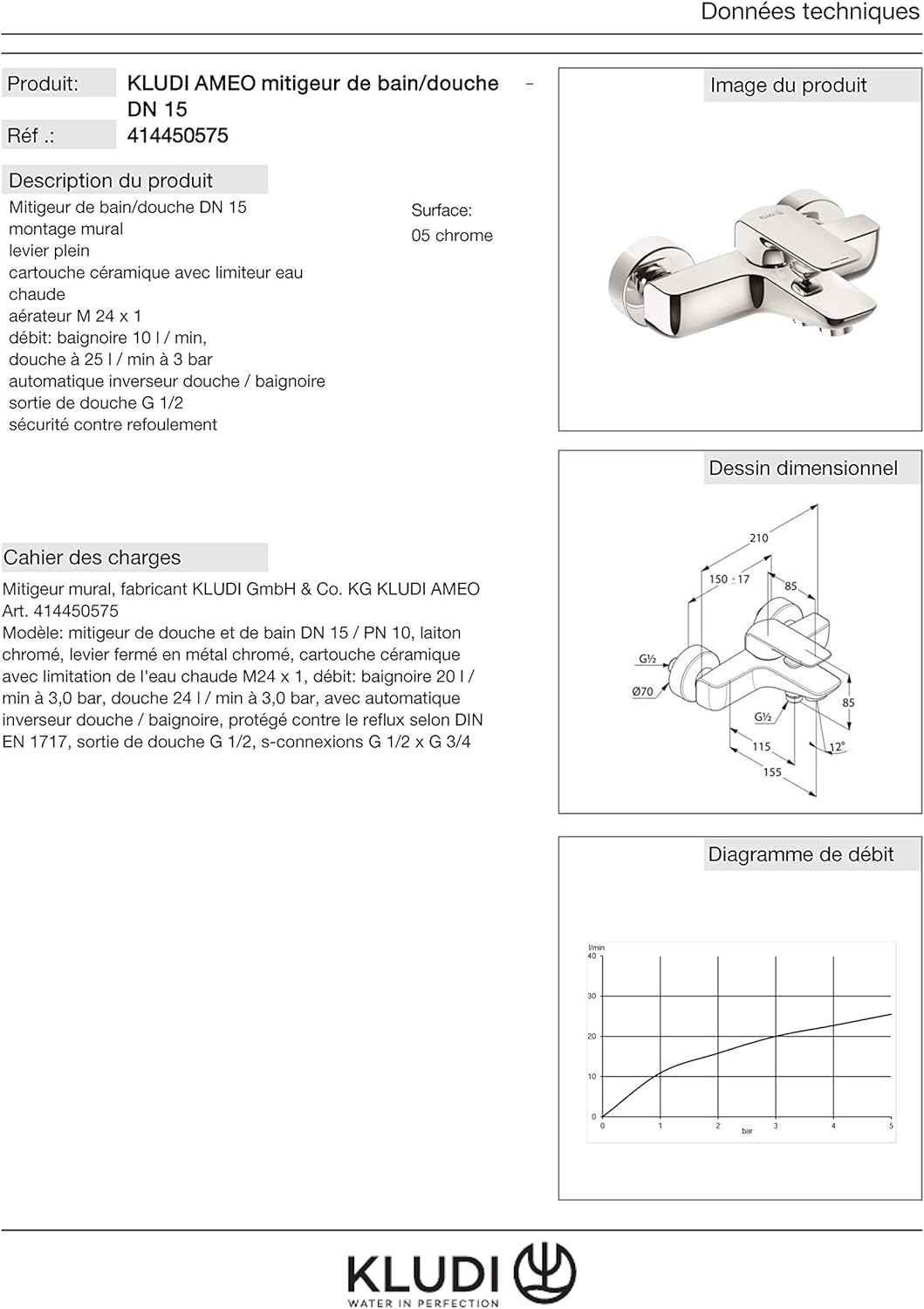 Kludi 414450575 , Wannenfüll- und Brause-Einhandmischer DN 15, Chrom