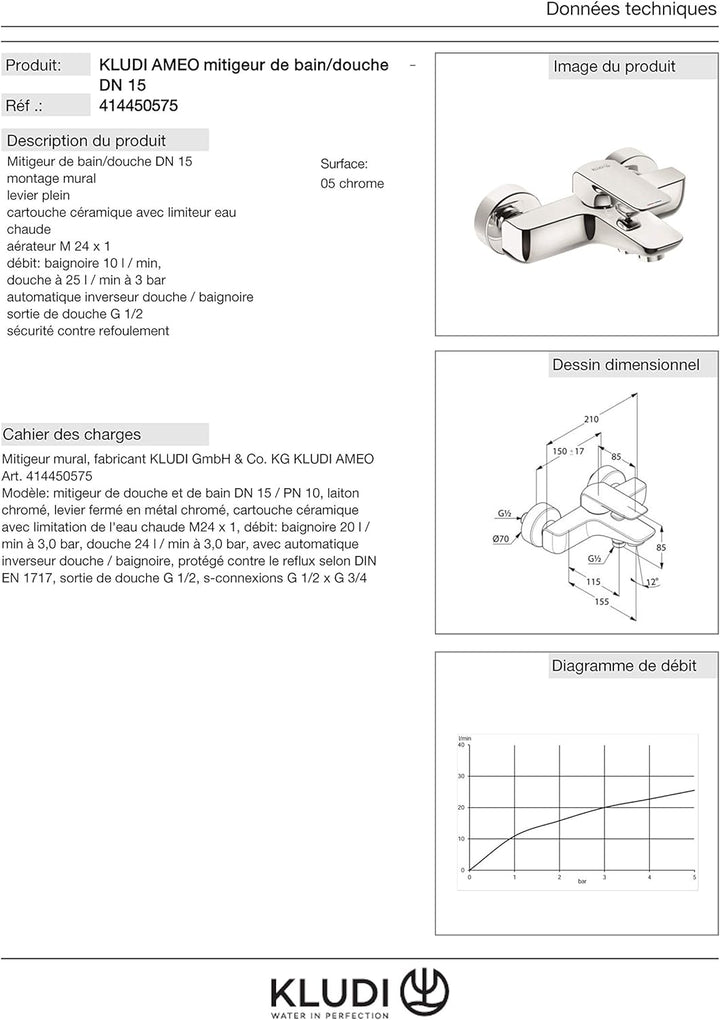 Kludi 414450575 , Wannenfüll- und Brause-Einhandmischer DN 15, Chrom