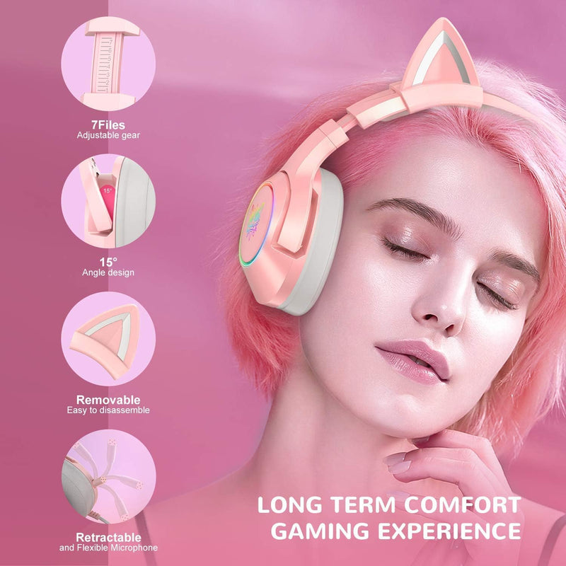 AJIJAR Rosa Gaming-Headset mit Mikrofon, Mädchen Frauen Katzenohren Kopfhörer 3,5mm Kompatibel mit P