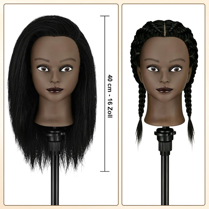 TwoWin 16 Zoll /40 cm Afro Trainingsköpfe für Friseure, Frisierkopf mit 100% Echthaar, Übungskopf Af