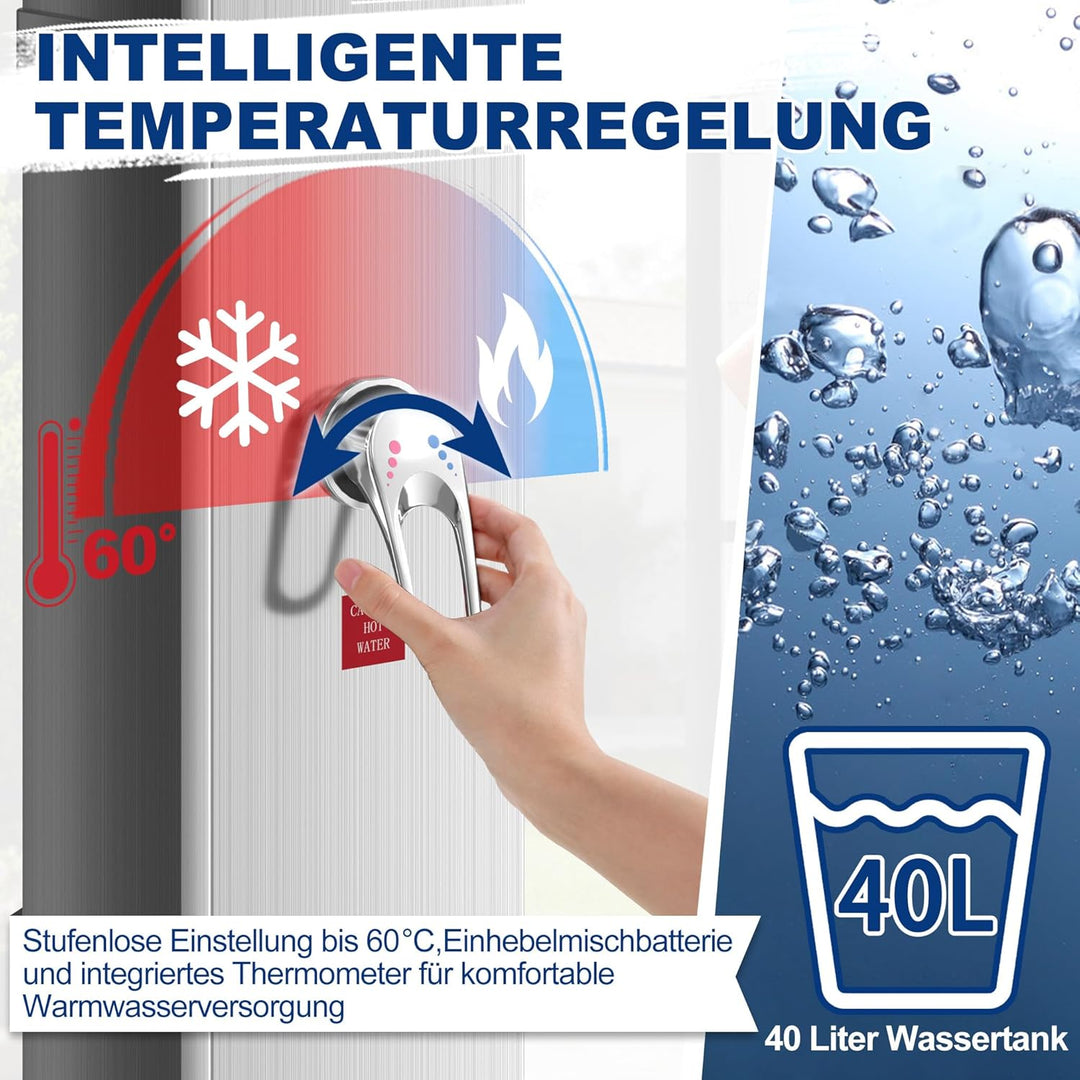 AufuN Solardusche Gartendusche 40L mit Chrom & Edelstahl, Warmwasser bis 60°C ohne Strom, 15cm Dusch